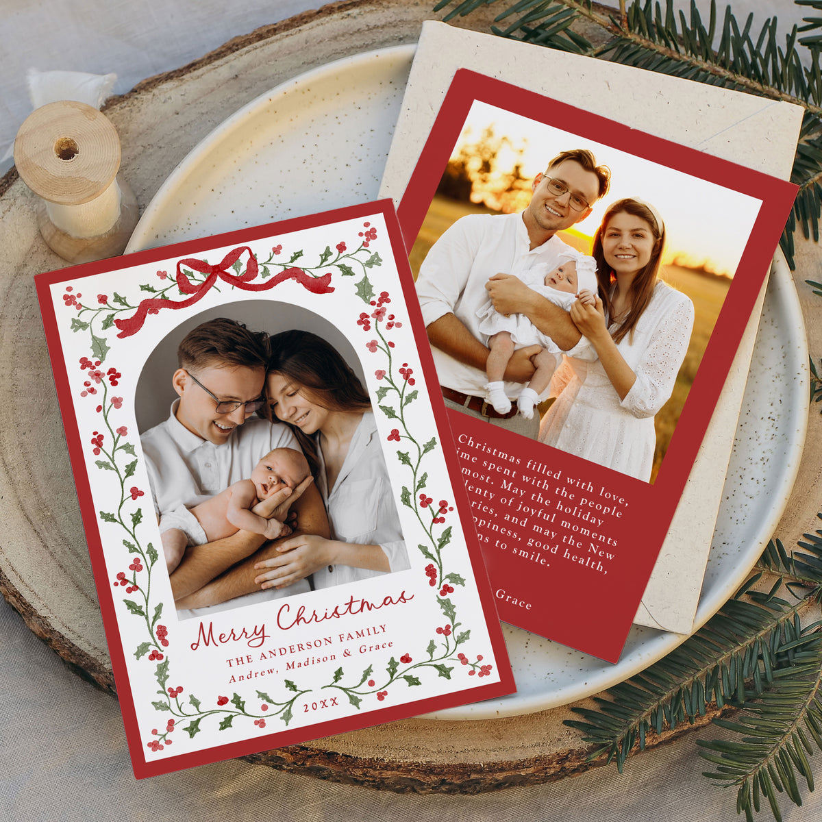 Elegant Watercolor Red Bow Holly Christmas Photo Card Template