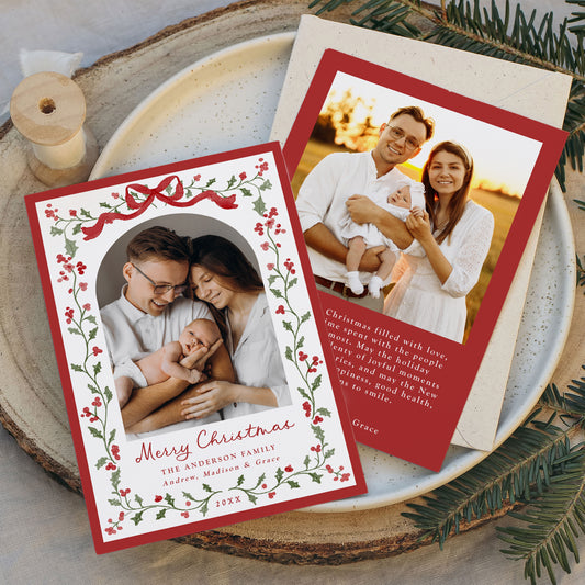 Elegant Watercolor Red Bow Holly Christmas Photo Card Template