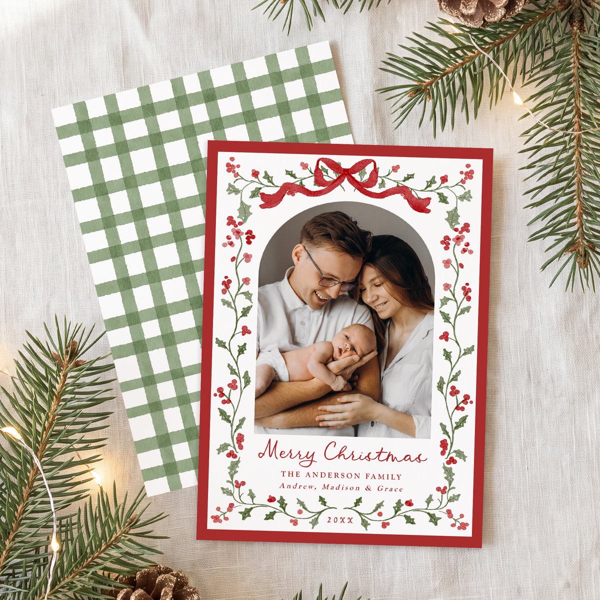 Elegant Watercolor Red Bow Holly Christmas Photo Card Template