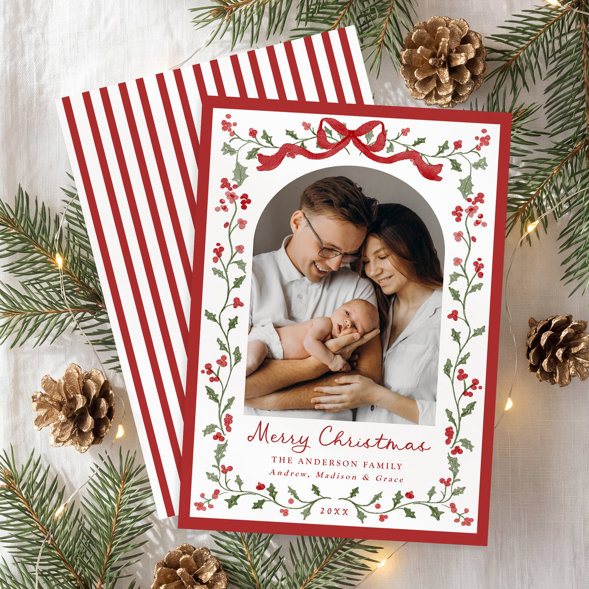Elegant Watercolor Red Bow Holly Christmas Photo Card Template
