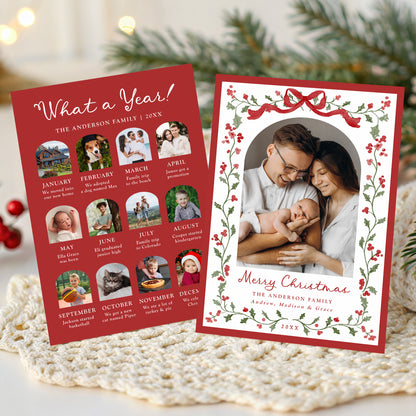 Elegant Watercolor Red Bow Holly Christmas Photo Card Template