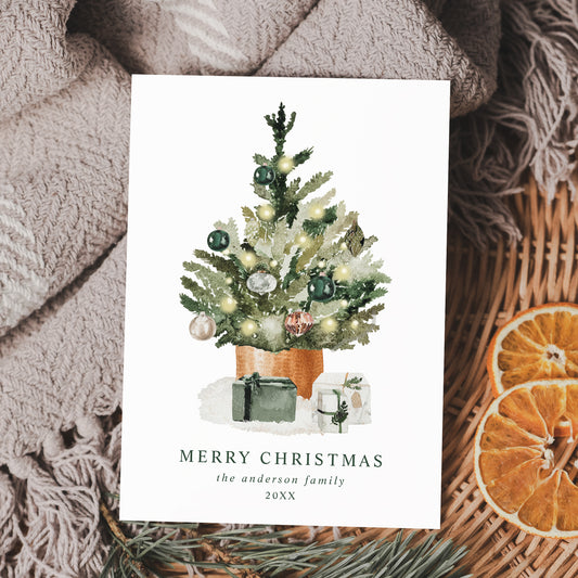 Elegant Watercolor Christmas Tree Non-Photo Holiday Card | Corjl Template