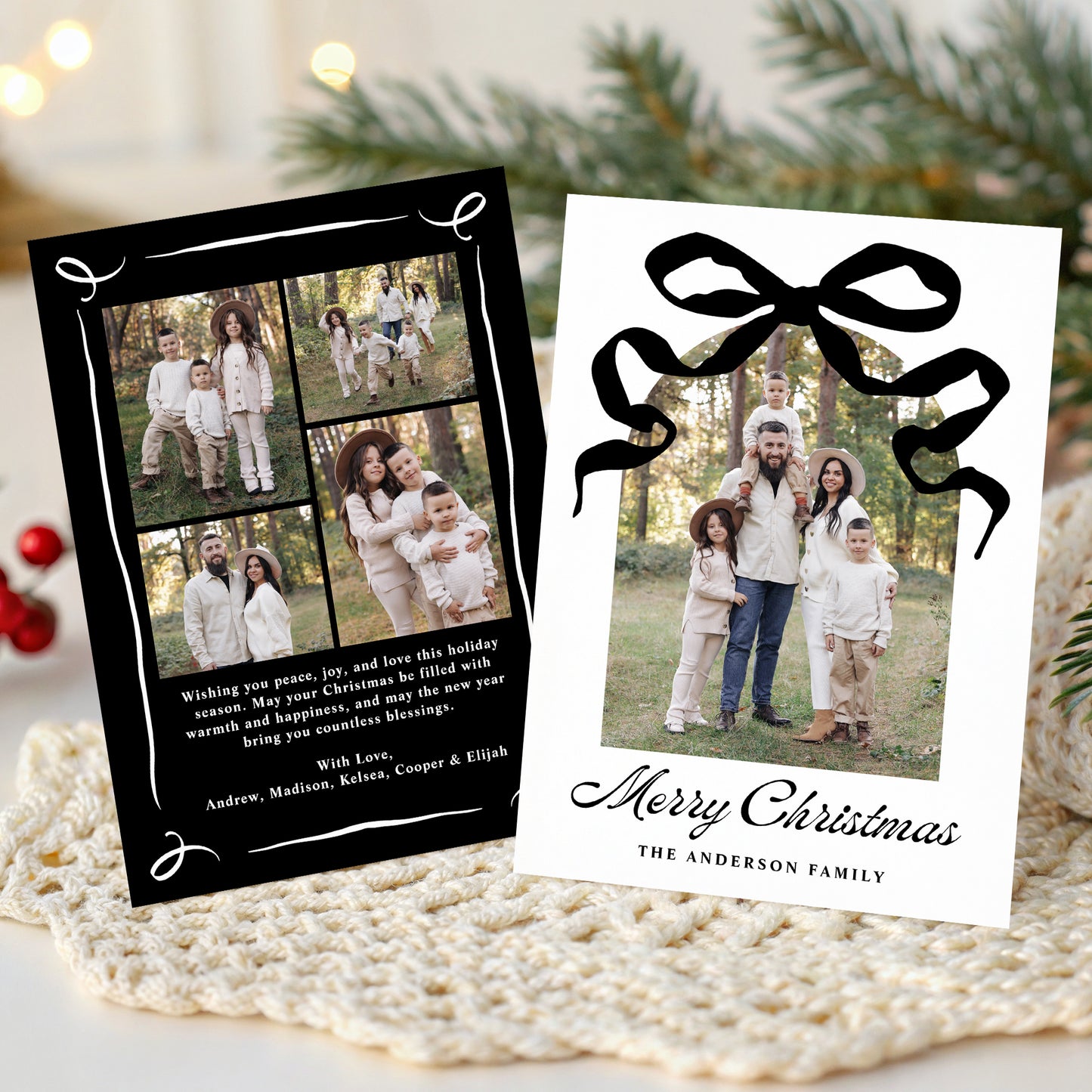 Whimsical Hand-Drawn Black Bow Arch Photo Christmas Card | Corjl Template