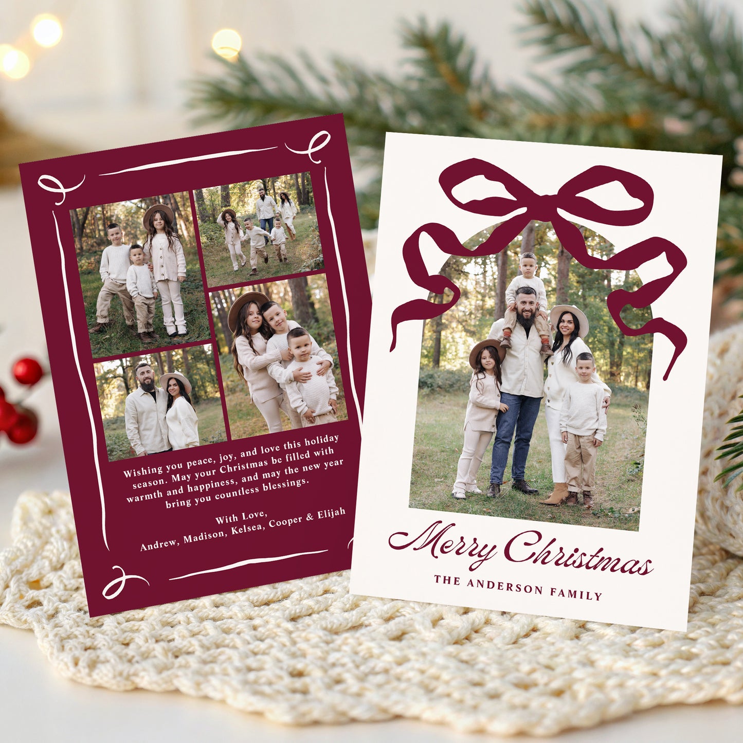 Whimsical Hand-Drawn Burgundy Bow Arch Photo Christmas Card | Corjl Template