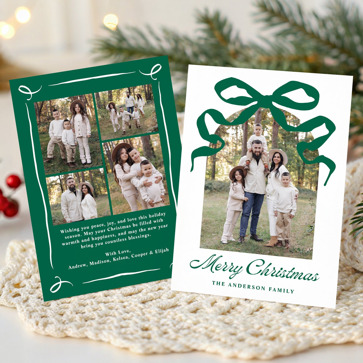 Whimsical Hand-Drawn Green Bow Arch Photo Christmas Card | Corjl Template