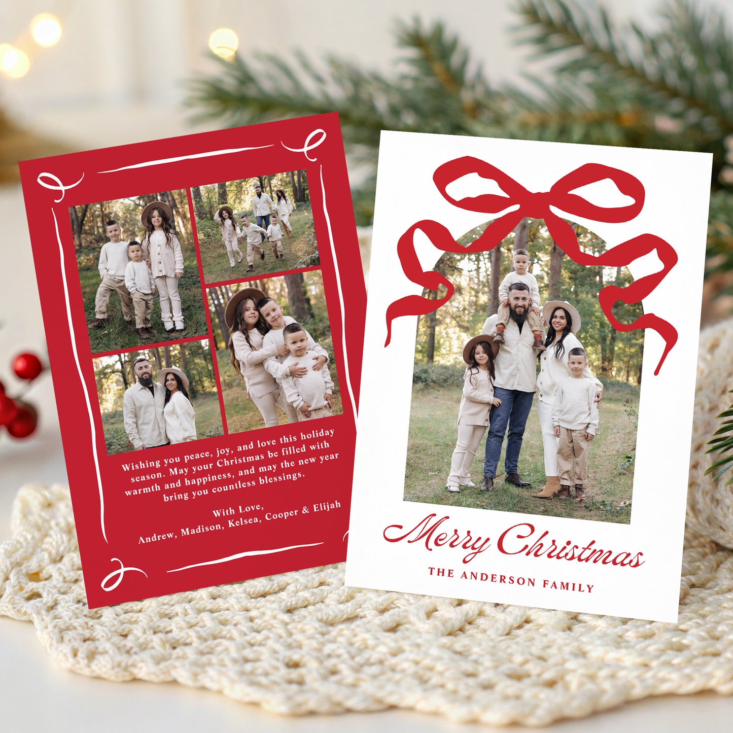 Whimsical Hand-Drawn Red Bow Arch Photo Christmas Card | Corjl Template
