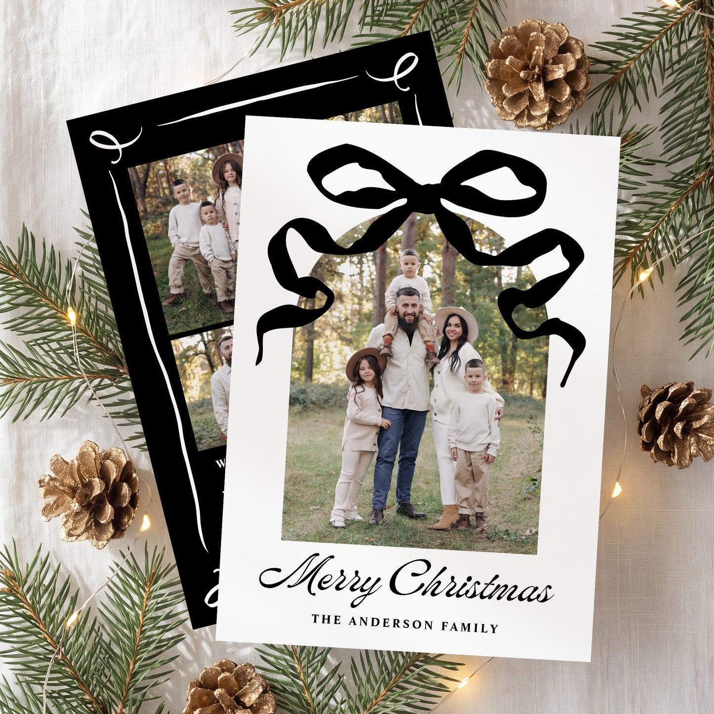 Whimsical Hand-Drawn Black Bow Arch Photo Christmas Card | Corjl Template