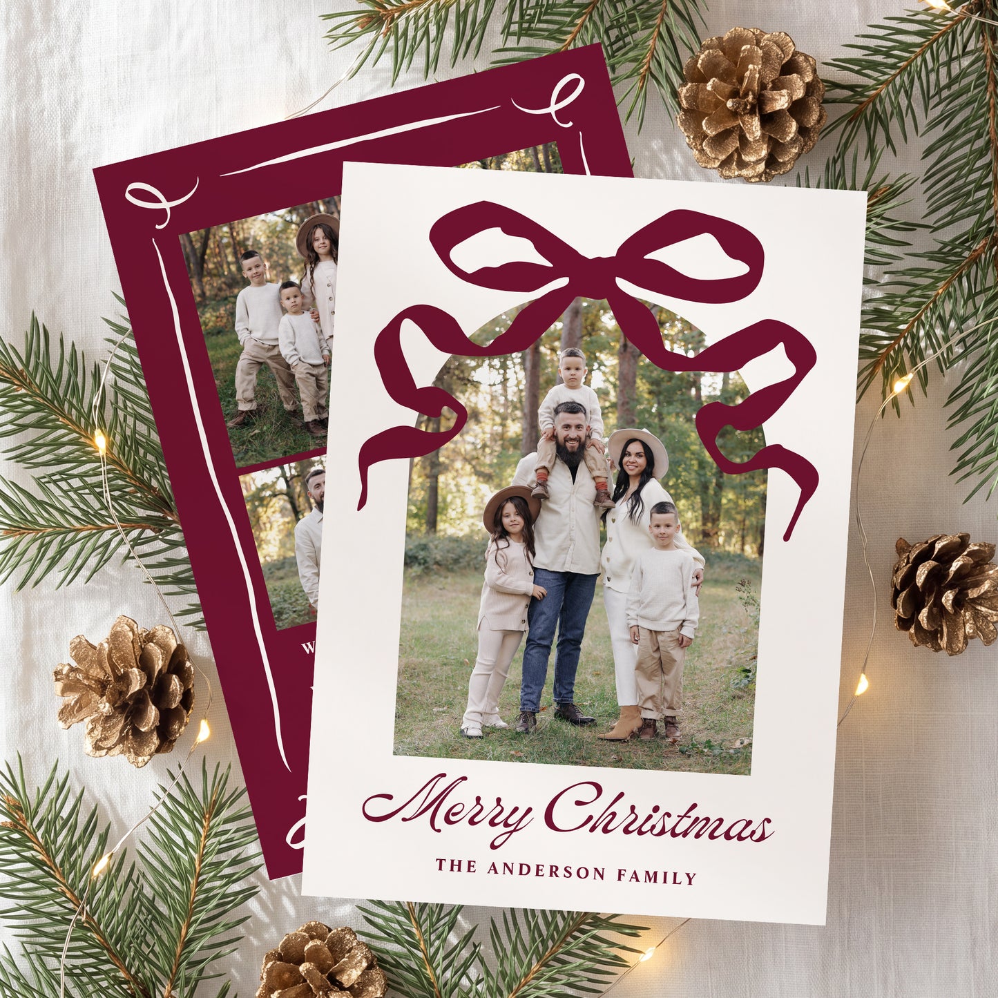 Whimsical Hand-Drawn Burgundy Bow Arch Photo Christmas Card | Corjl Template