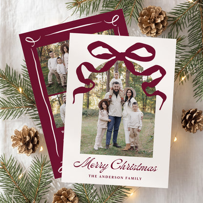 Whimsical Hand-Drawn Burgundy Bow Arch Photo Christmas Card | Corjl Template