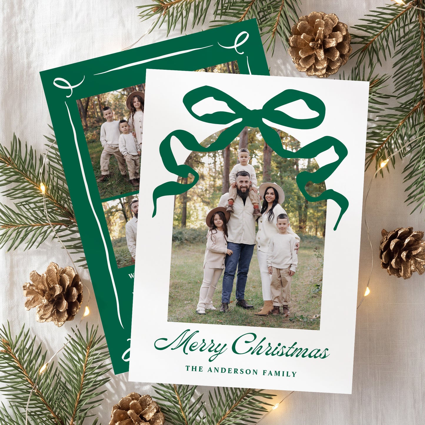 Whimsical Hand-Drawn Green Bow Arch Photo Christmas Card | Corjl Template