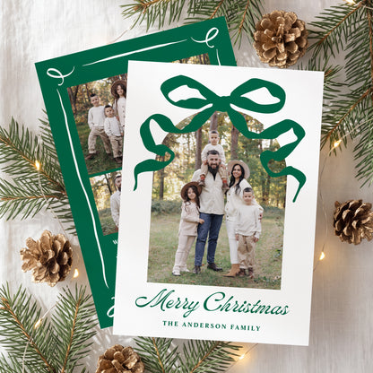 Whimsical Hand-Drawn Green Bow Arch Photo Christmas Card | Corjl Template
