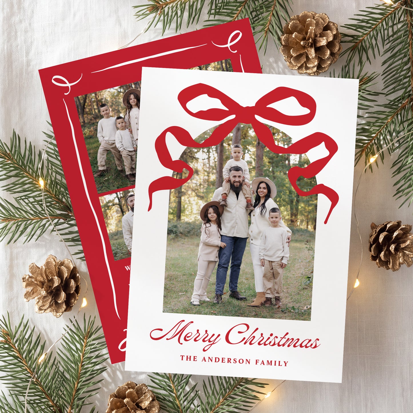 Whimsical Hand-Drawn Red Bow Arch Photo Christmas Card | Corjl Template