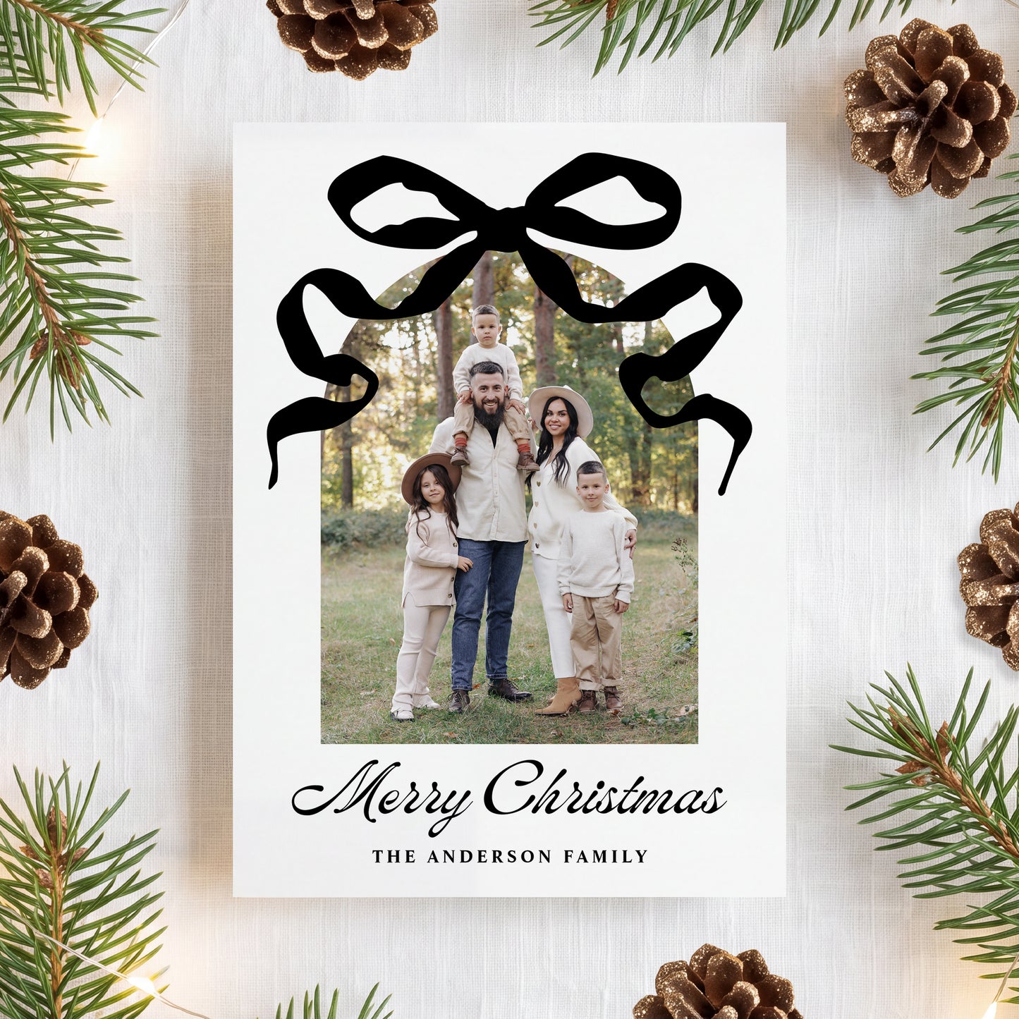 Whimsical Hand-Drawn Black Bow Arch Photo Christmas Card | Corjl Template