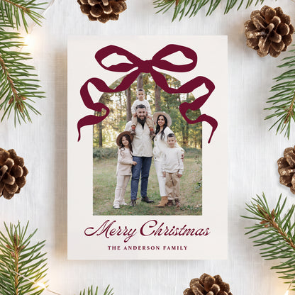 Whimsical Hand-Drawn Burgundy Bow Arch Photo Christmas Card | Corjl Template