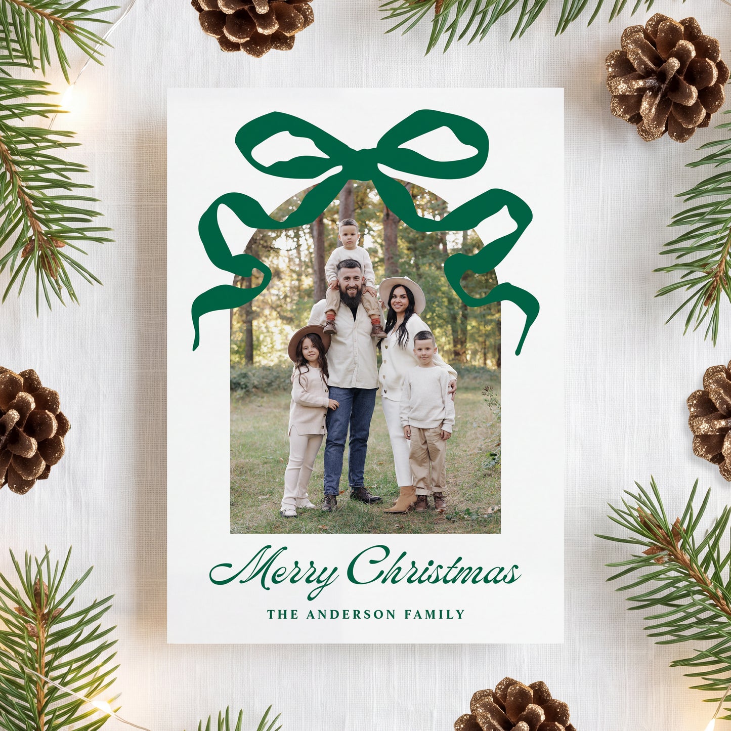 Whimsical Hand-Drawn Green Bow Arch Photo Christmas Card | Corjl Template