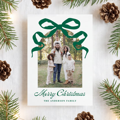 Whimsical Hand-Drawn Green Bow Arch Photo Christmas Card | Corjl Template