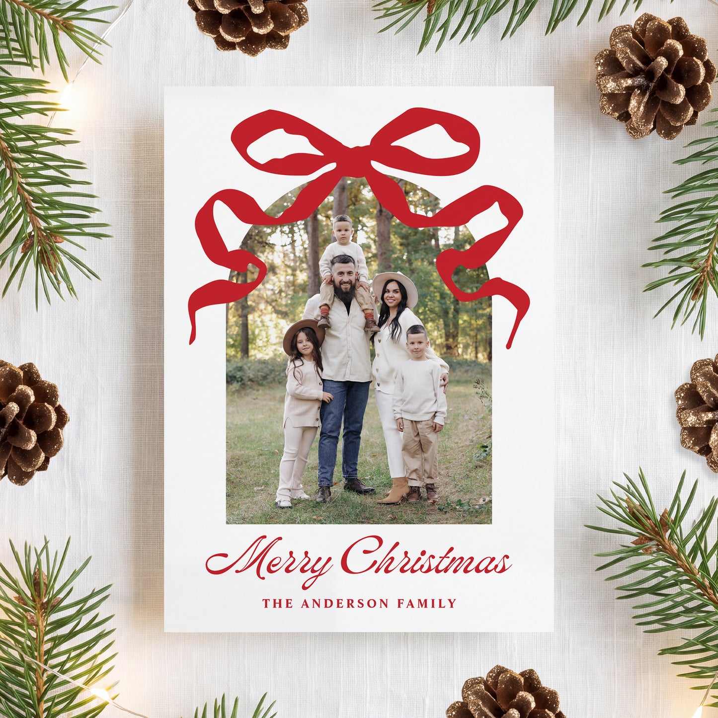 Whimsical Hand-Drawn Red Bow Arch Photo Christmas Card | Corjl Template