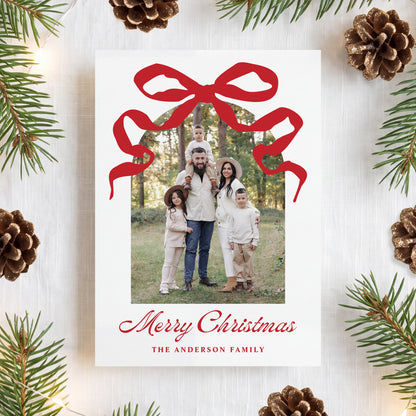 Whimsical Hand-Drawn Red Bow Arch Photo Christmas Card | Corjl Template