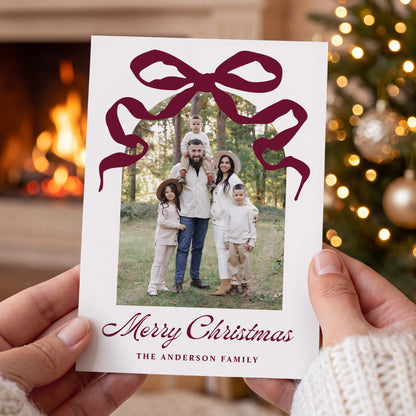 Whimsical Hand-Drawn Burgundy Bow Arch Photo Christmas Card | Corjl Template