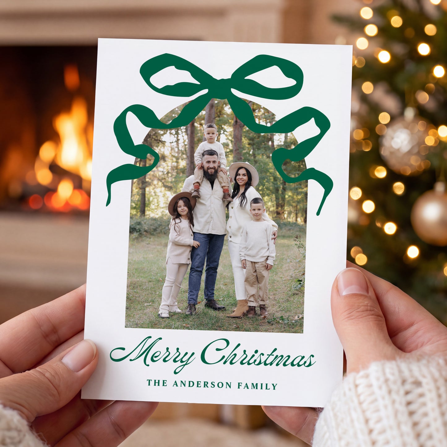 Whimsical Hand-Drawn Green Bow Arch Photo Christmas Card | Corjl Template