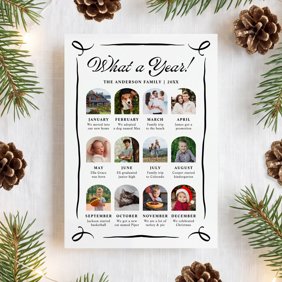 Whimsical Black Bow Arch Photo Year in Review Christmas Card Template