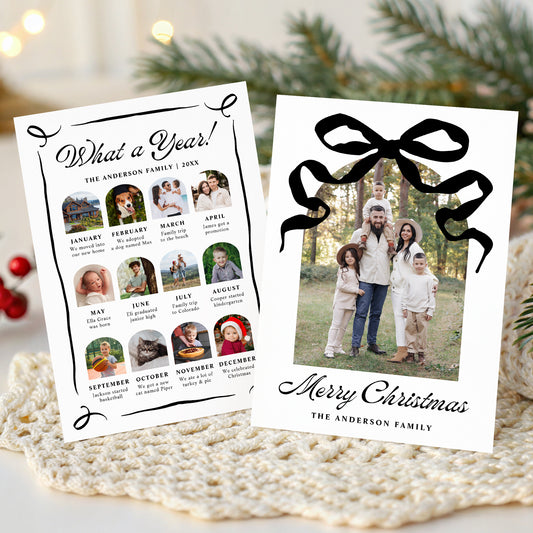 Whimsical Black Bow Arch Photo Year in Review Christmas Card Template