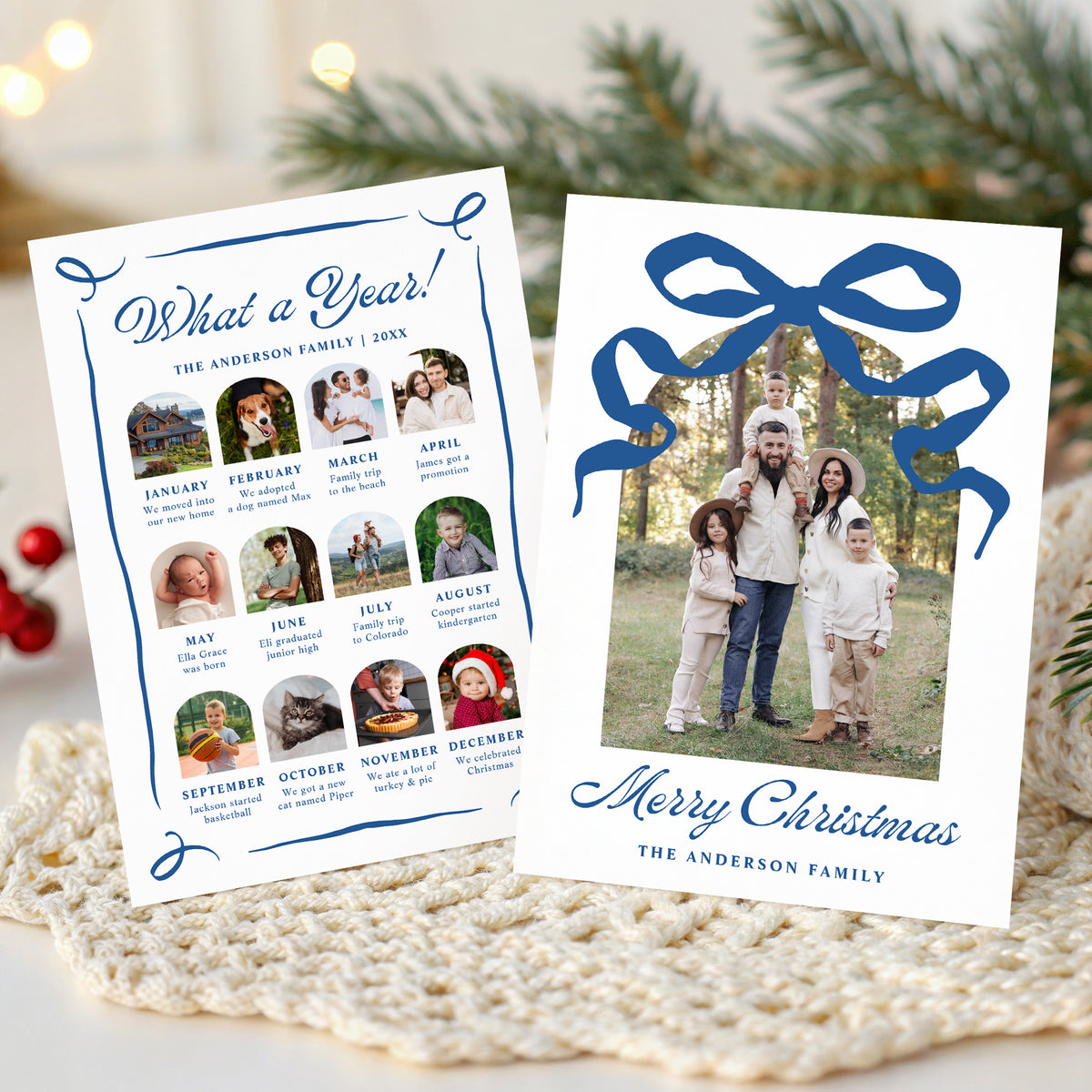 Whimsical Blue Bow Arch Photo Year in Review Christmas Card Template