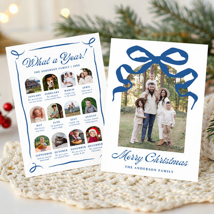 Whimsical Blue Bow Arch Photo Year in Review Christmas Card Template