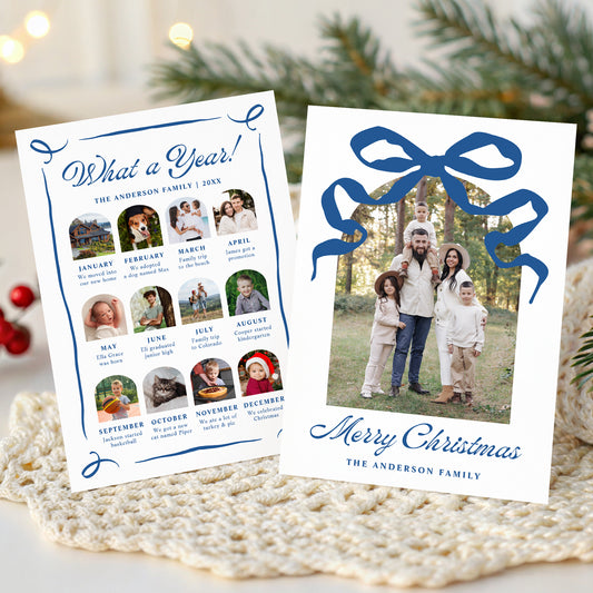 Whimsical Blue Bow Arch Photo Year in Review Christmas Card Template