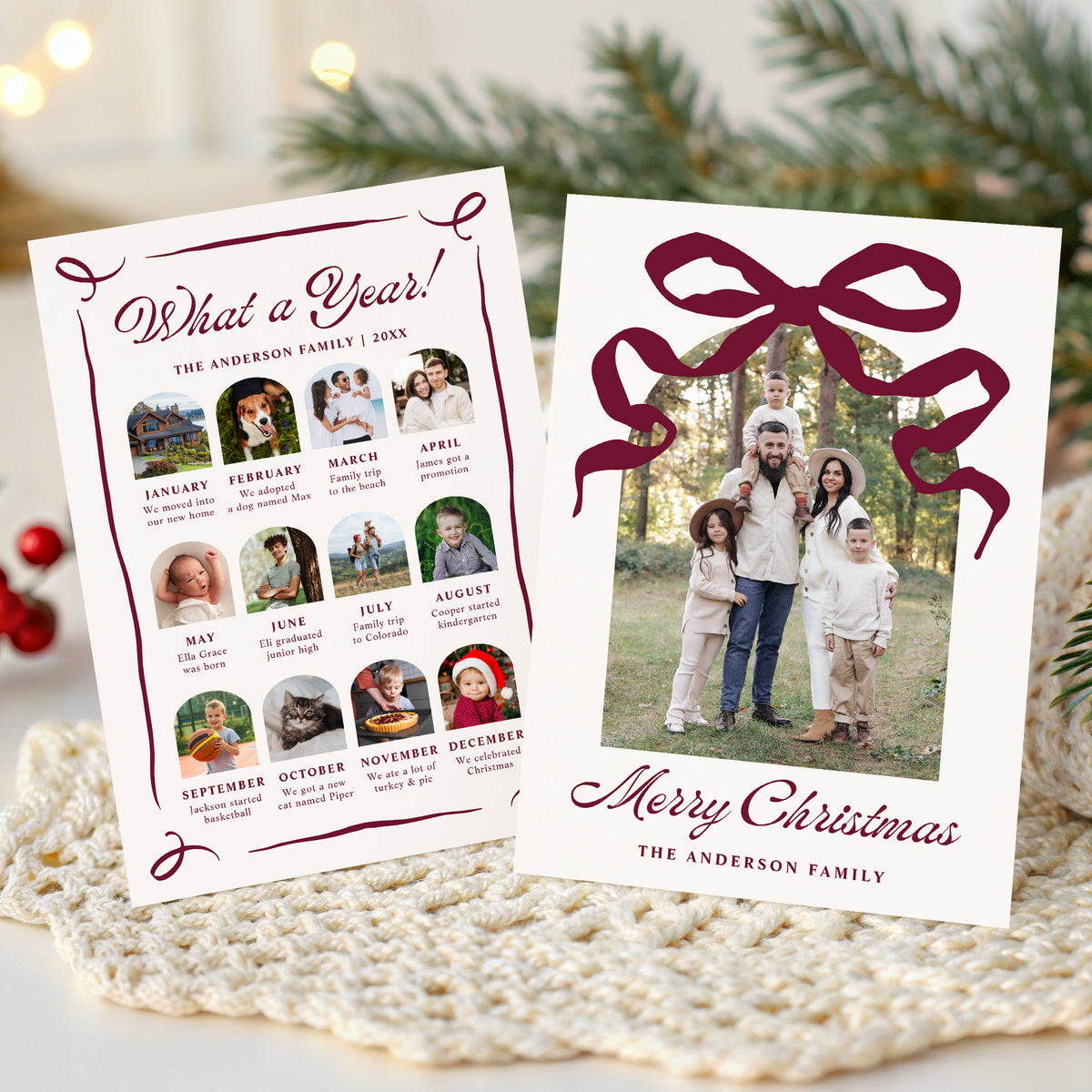 Whimsical Burgundy Bow Arch Photo Year in Review Christmas Card Template