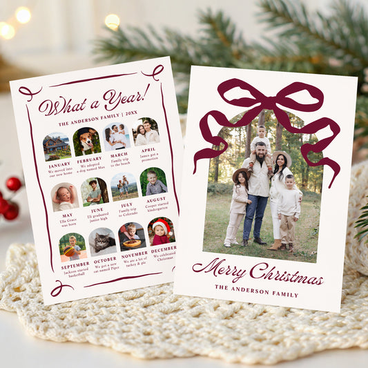 Whimsical Burgundy Bow Arch Photo Year in Review Christmas Card Template