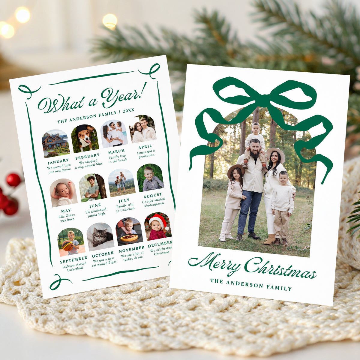 Whimsical Green Bow Arch Photo Year in Review Christmas Card Template