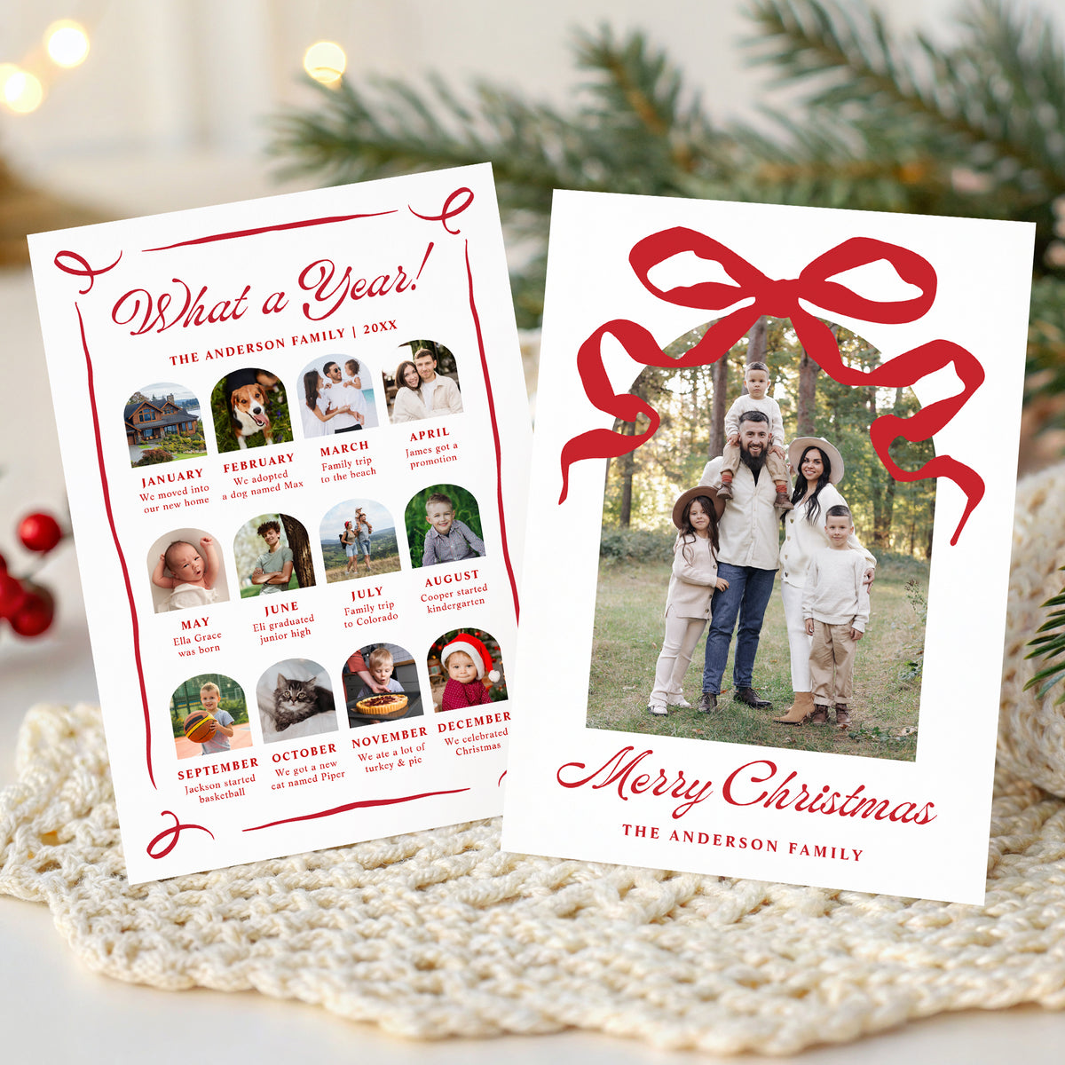 Whimsical Red Bow Arch Photo Year in Review Christmas Card Template