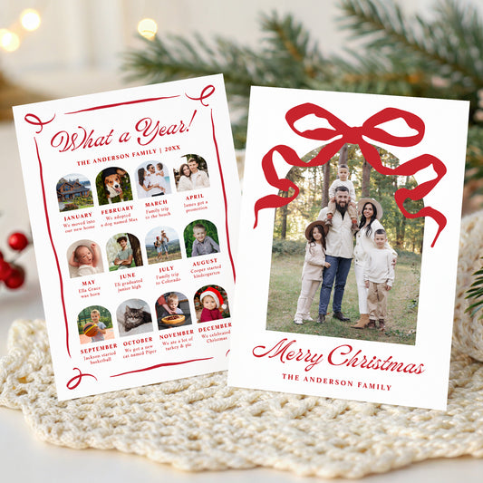 Whimsical Red Bow Arch Photo Year in Review Christmas Card Template