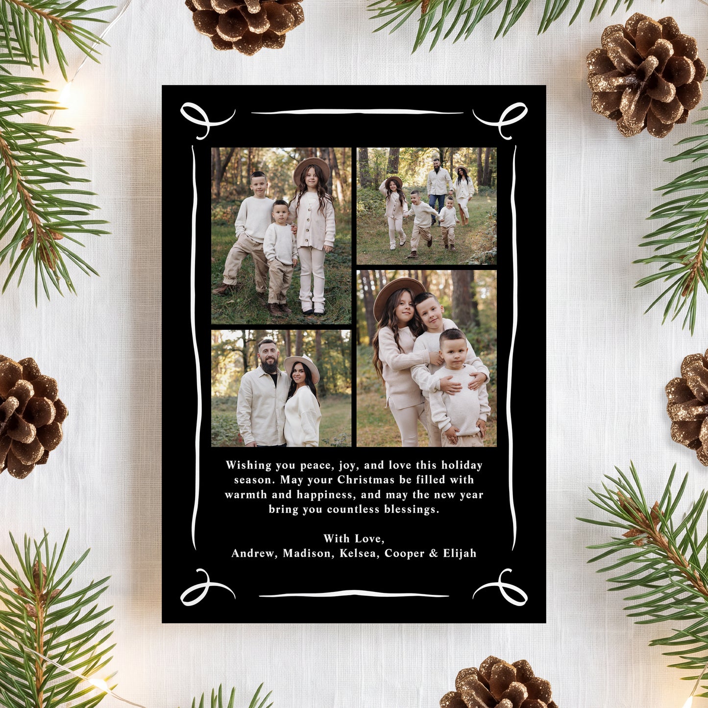 Whimsical Hand-Drawn Black Bow Arch Photo Christmas Card | Corjl Template