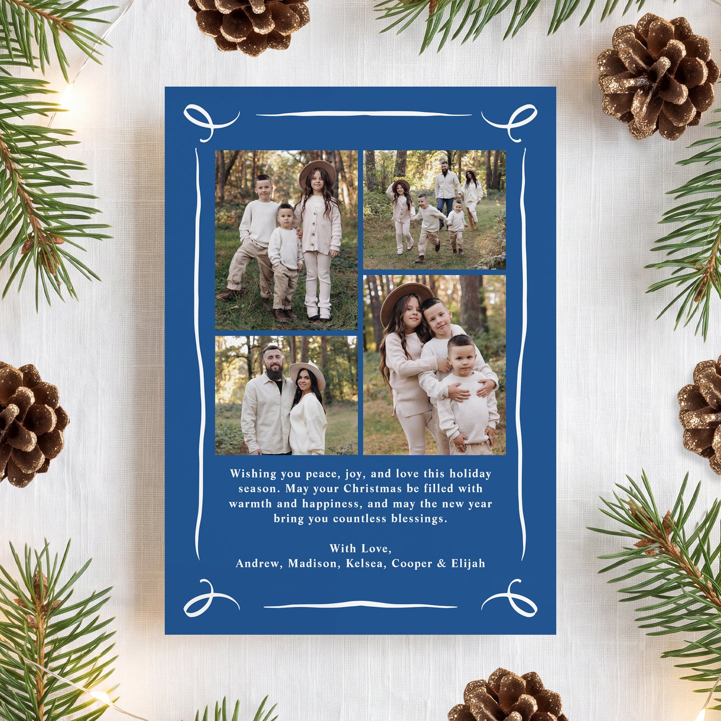 Whimsical Hand-Drawn Blue Bow 5 Photo Christmas Card | Corjl Template