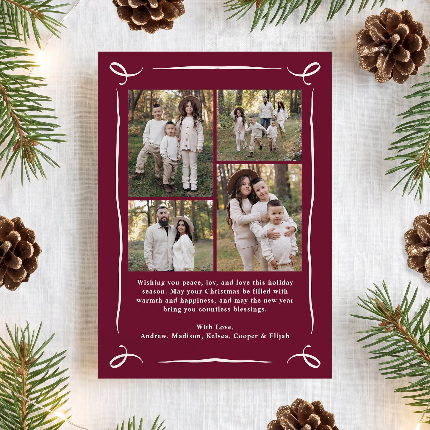 Whimsical Hand-Drawn Burgundy Bow Arch Photo Christmas Card | Corjl Template