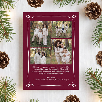 Whimsical Hand-Drawn Burgundy Bow Arch Photo Christmas Card | Corjl Template