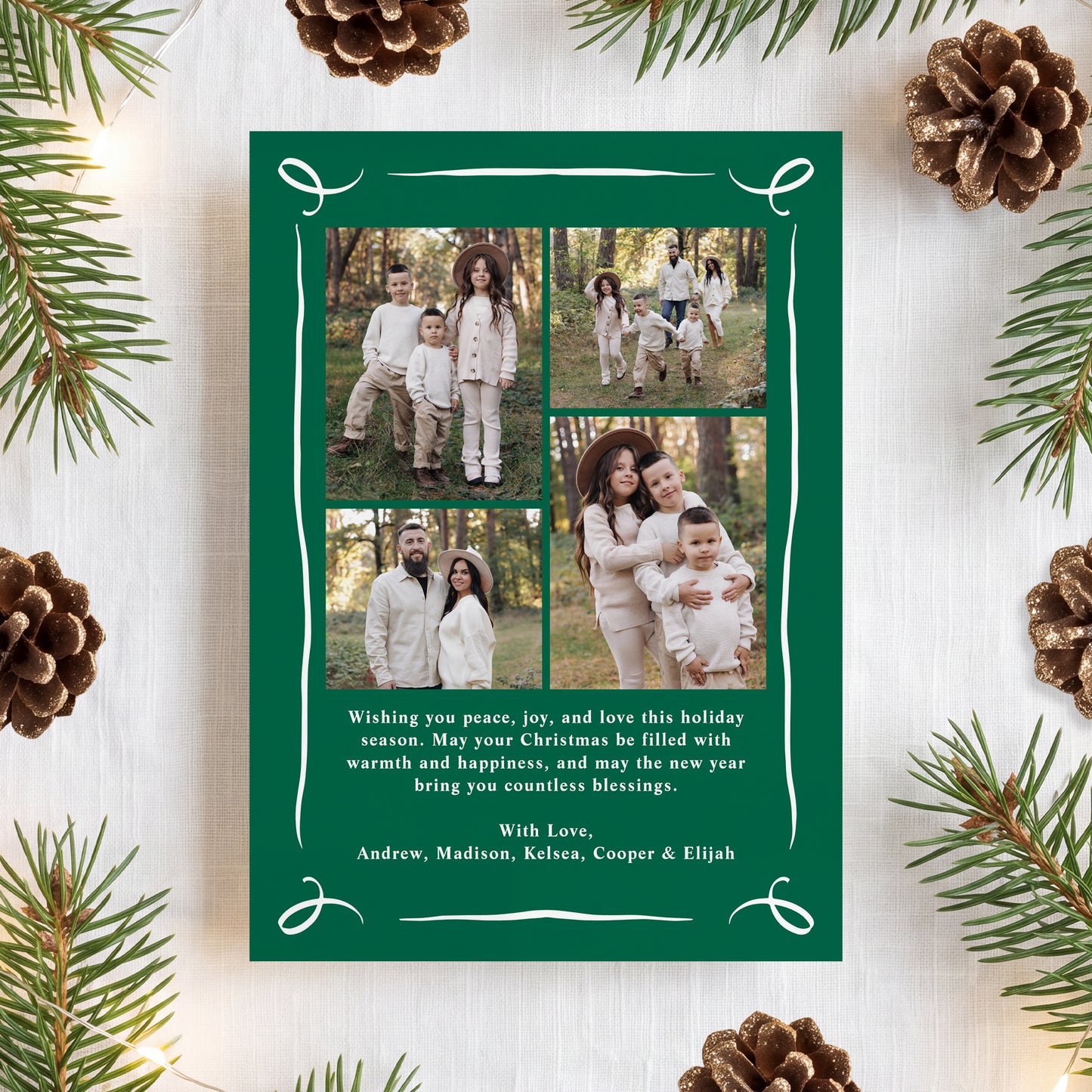 Whimsical Hand-Drawn Green Bow 5 Photo Christmas Card | Corjl Template
