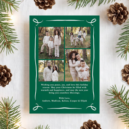 Whimsical Hand-Drawn Green Bow 5 Photo Christmas Card | Corjl Template