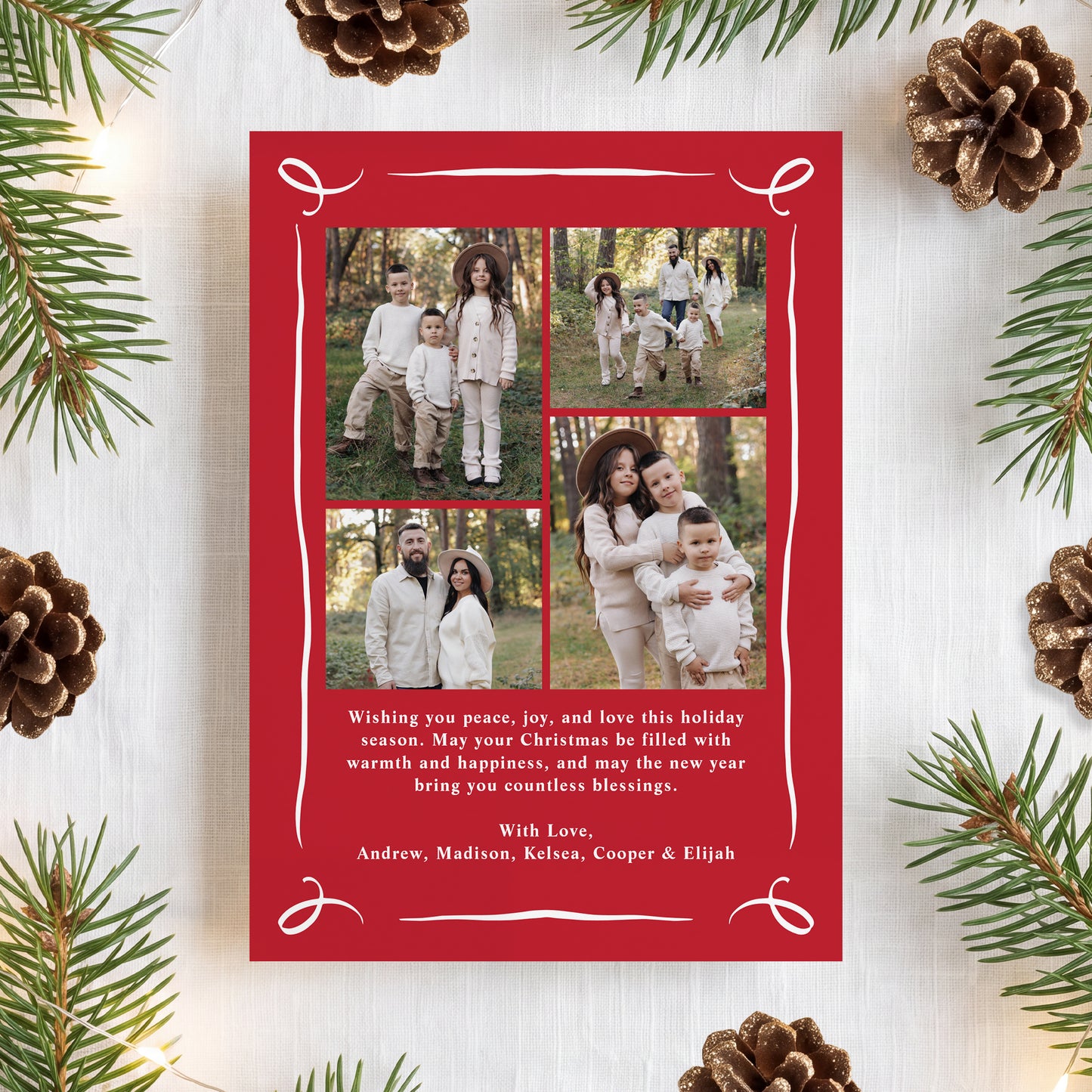 Whimsical Hand-Drawn Red Bow 5 Photo Christmas Card | Corjl Listing