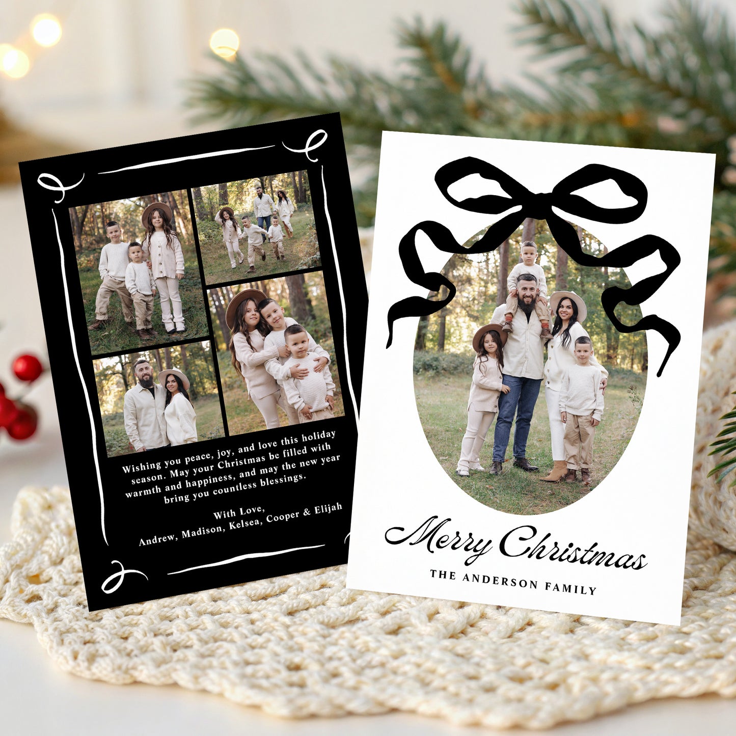 Whimsical Hand-Drawn Black Bow 5 Photo Christmas Card | Corjl Template