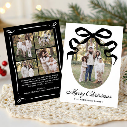 Whimsical Hand-Drawn Black Bow 5 Photo Christmas Card | Corjl Template