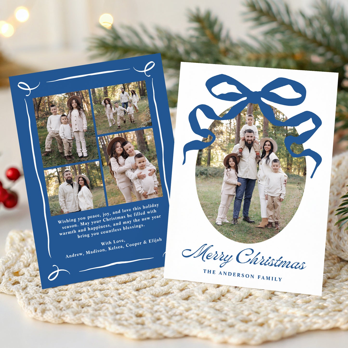 Whimsical Hand-Drawn Blue Bow 5 Photo Christmas Card | Corjl Template