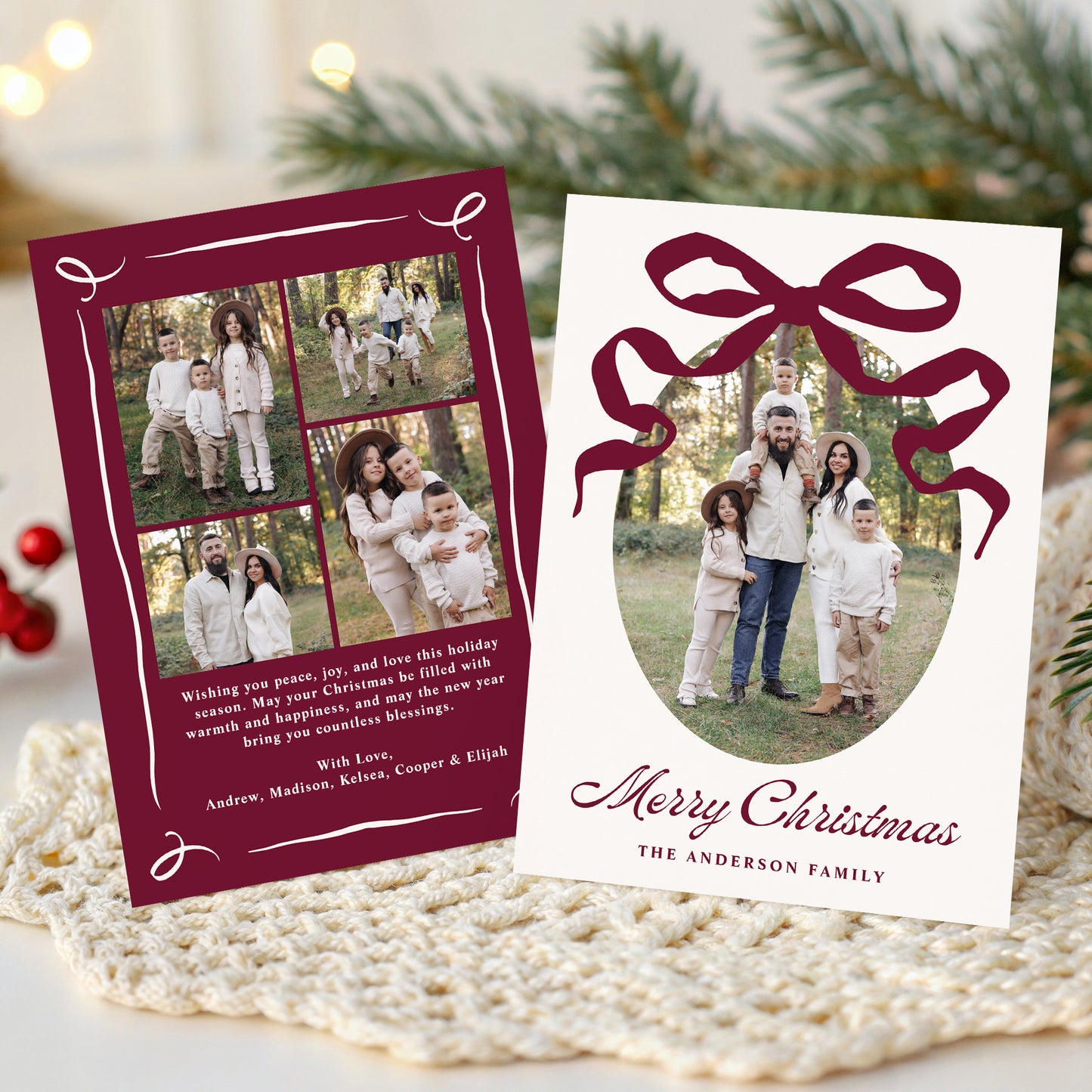 Whimsical Hand-Drawn Burgundy Bow 5 Photo Christmas Card | Corjl Template