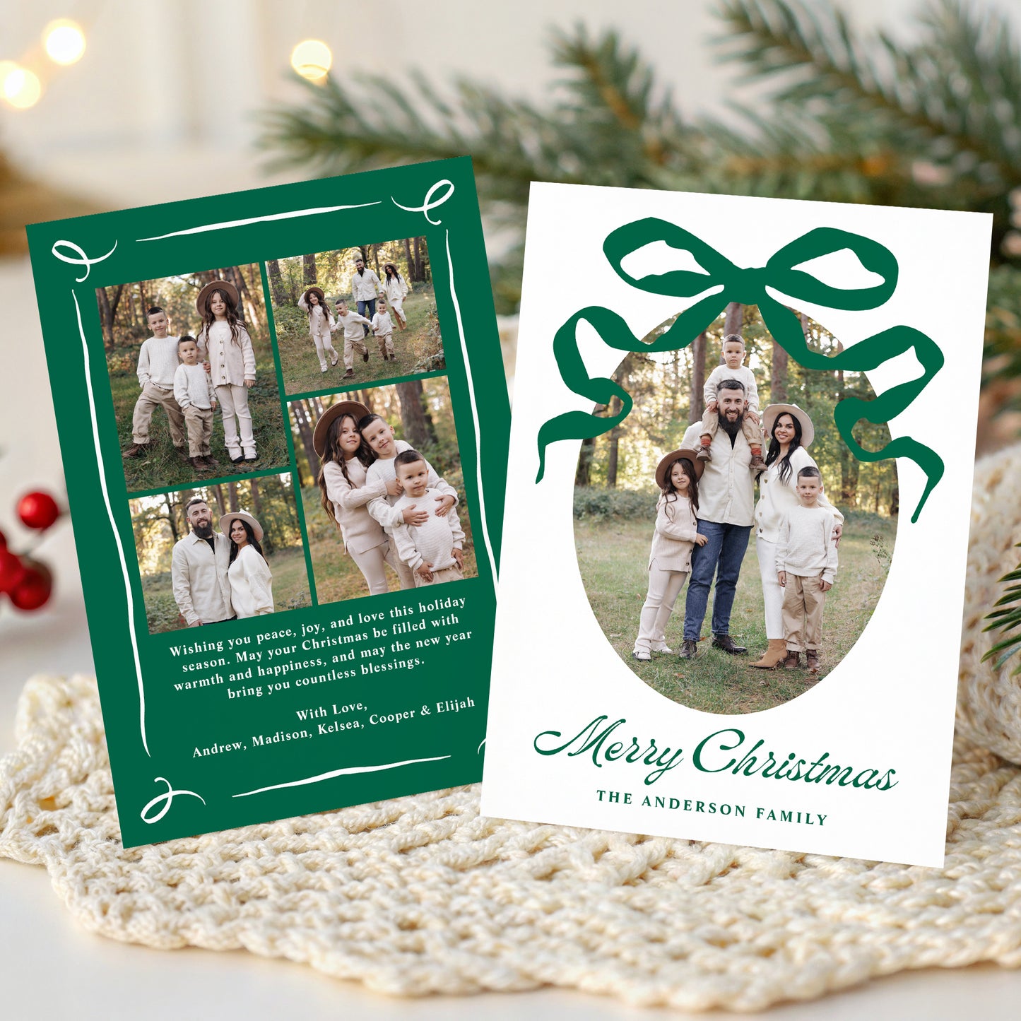 Whimsical Hand-Drawn Green Bow 5 Photo Christmas Card | Corjl Template