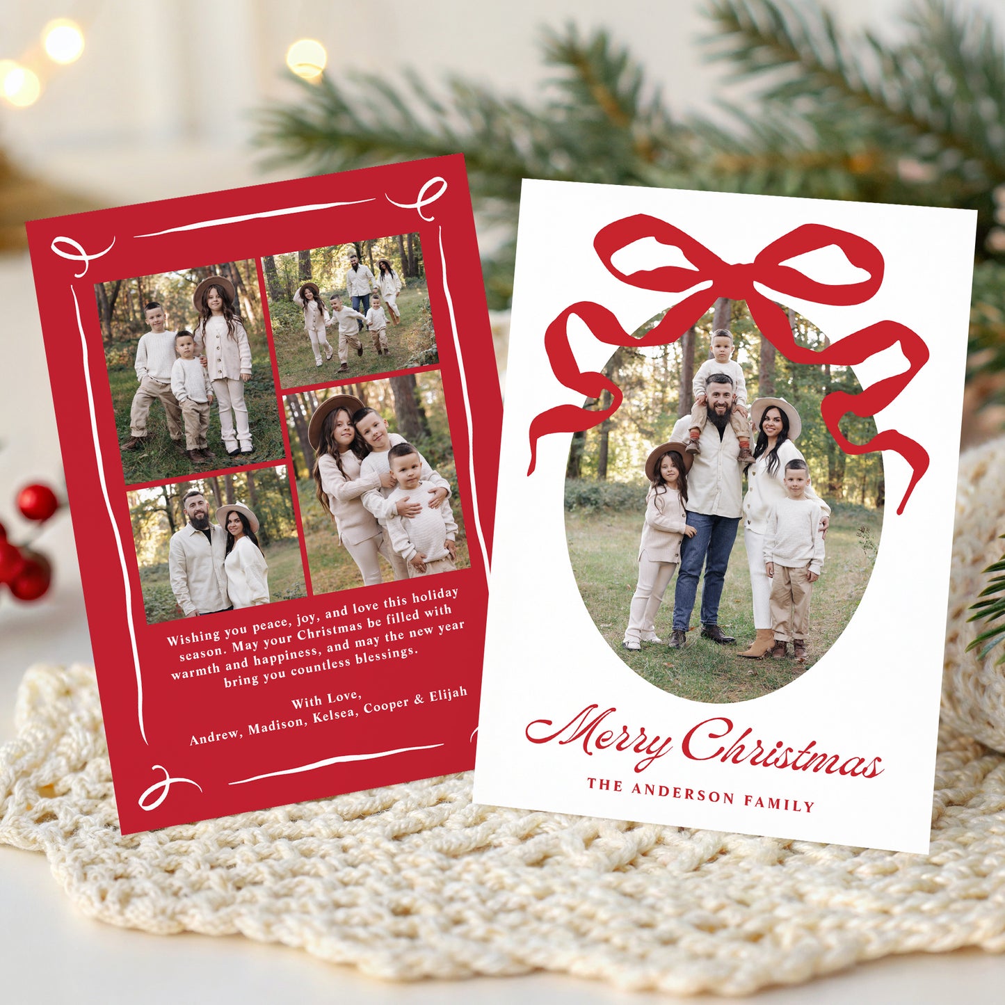 Whimsical Hand-Drawn Red Bow 5 Photo Christmas Card | Corjl Listing