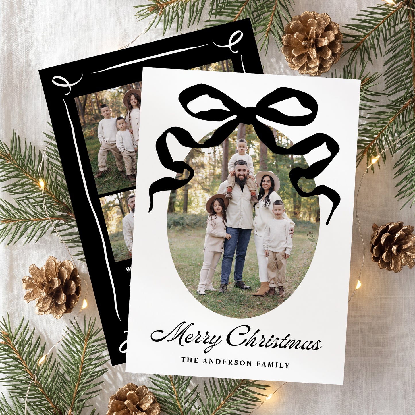 Whimsical Hand-Drawn Black Bow 5 Photo Christmas Card | Corjl Template
