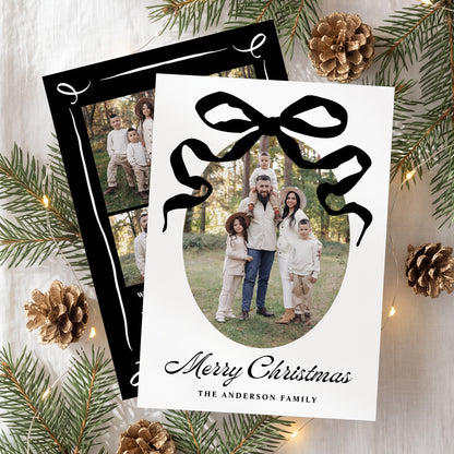 Whimsical Hand-Drawn Black Bow 5 Photo Christmas Card | Corjl Template
