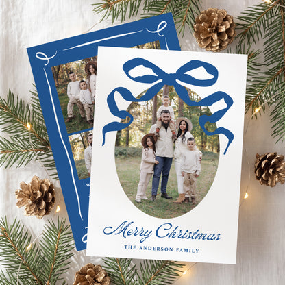 Whimsical Hand-Drawn Blue Bow 5 Photo Christmas Card | Corjl Template